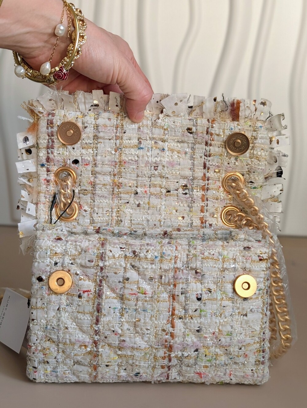 Kurt Geiger Cream Tweed Crossbody Bag with Gold Chain and Pearl Detail - Picture 12 of 16